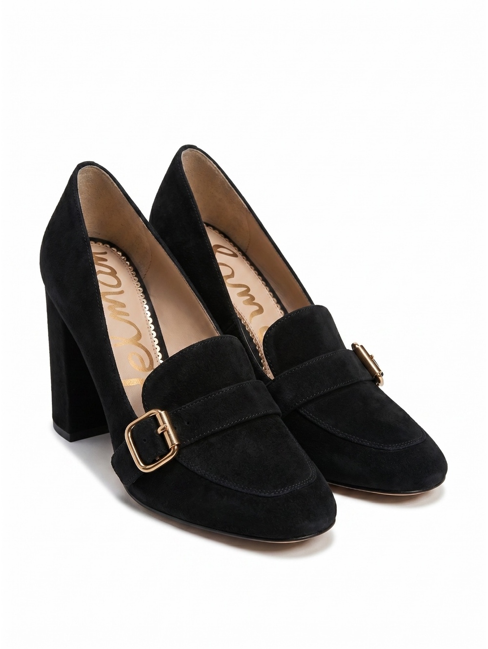 Sam Edelman Black Suede Loafer Block Heel Pumps Gold Buckle Women's Size 9
